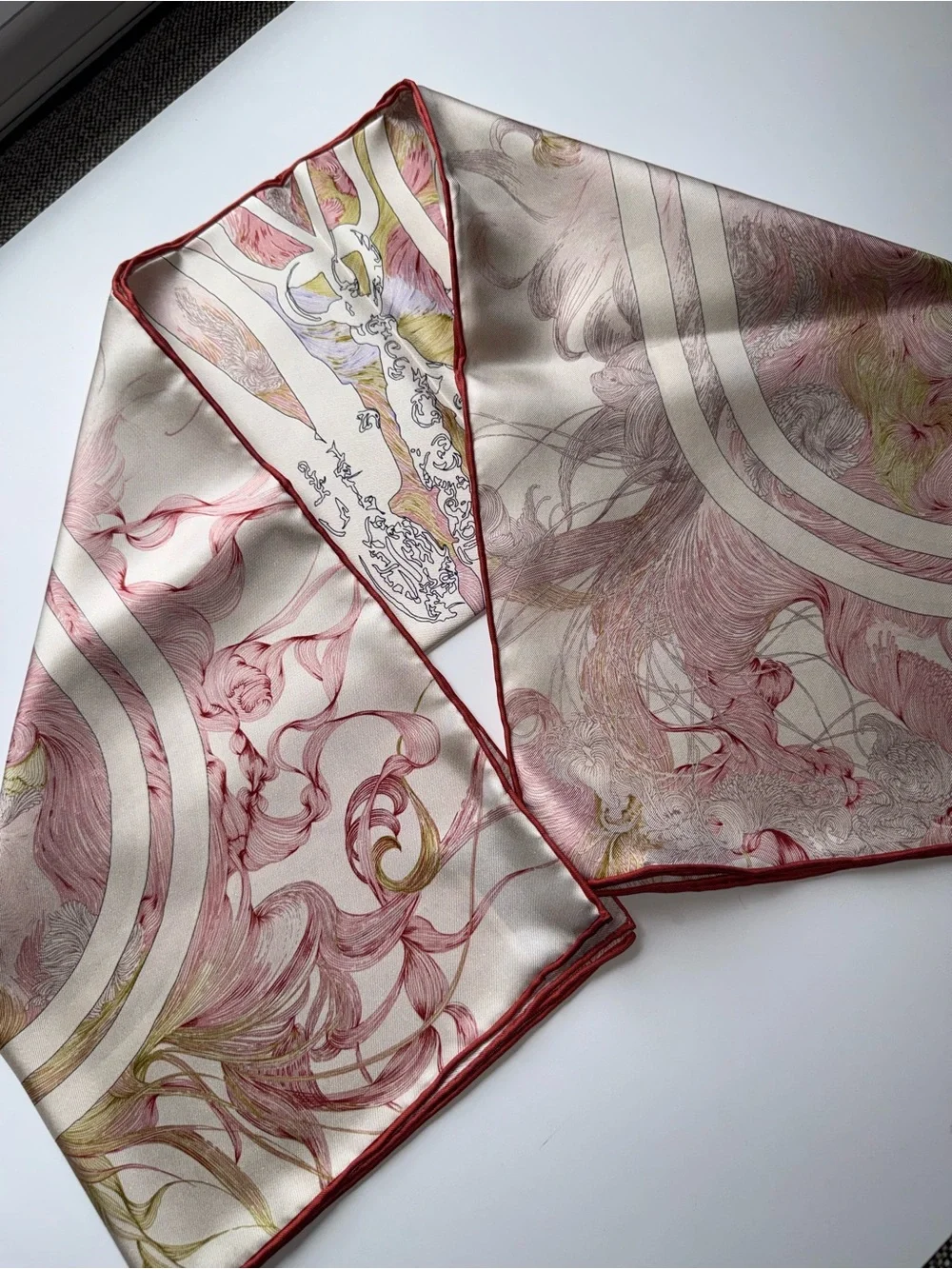 NEW Carolina Lemke Silk Pink &Cream Equestrian Celestial Rose Floral Swirl Scarf